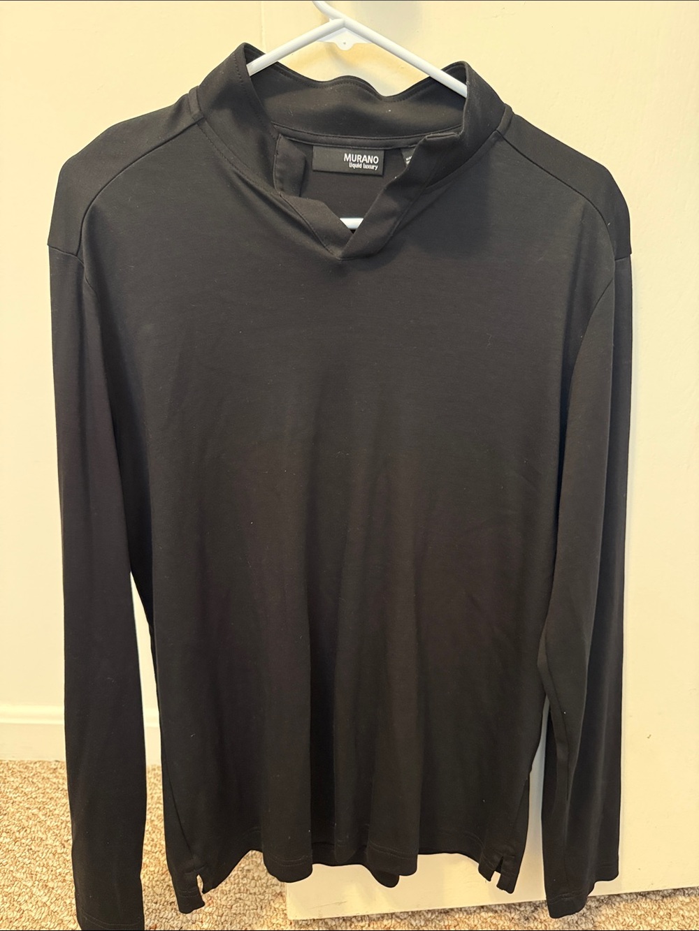 Murano Black Long-Sleeve V-Notch Mock Neck Top
